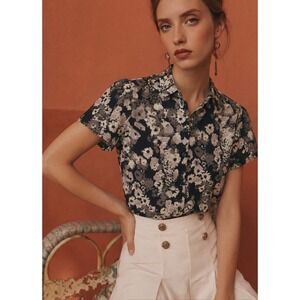 Banana Republic Women's Black White Floral Short Sleeve Button Up Blouse Top SM